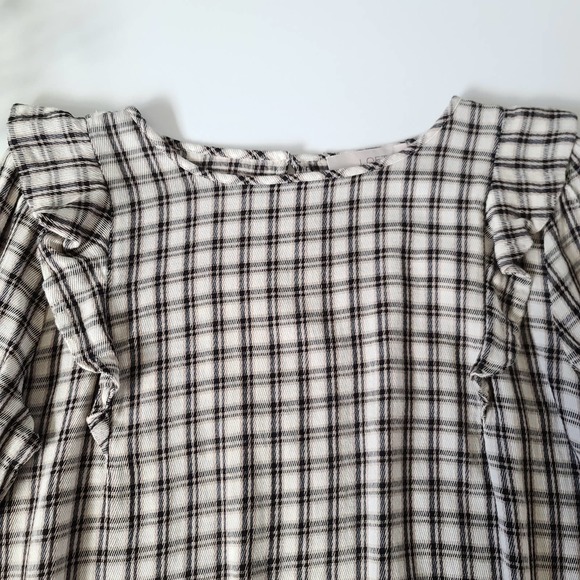 LOFT Plaid Ruffle Long Sleeve Crew Neck Blouse Medium Petite - Picture 6 of 9